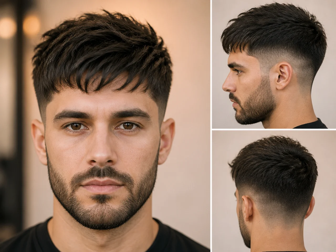 Textured crop for thinning hair with short forward fringe and low fade minimizing scalp contrast