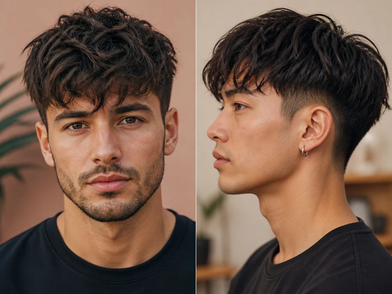 Longer textured crop with 2.5 inch top and heavier forward fringe on wavy brown hair