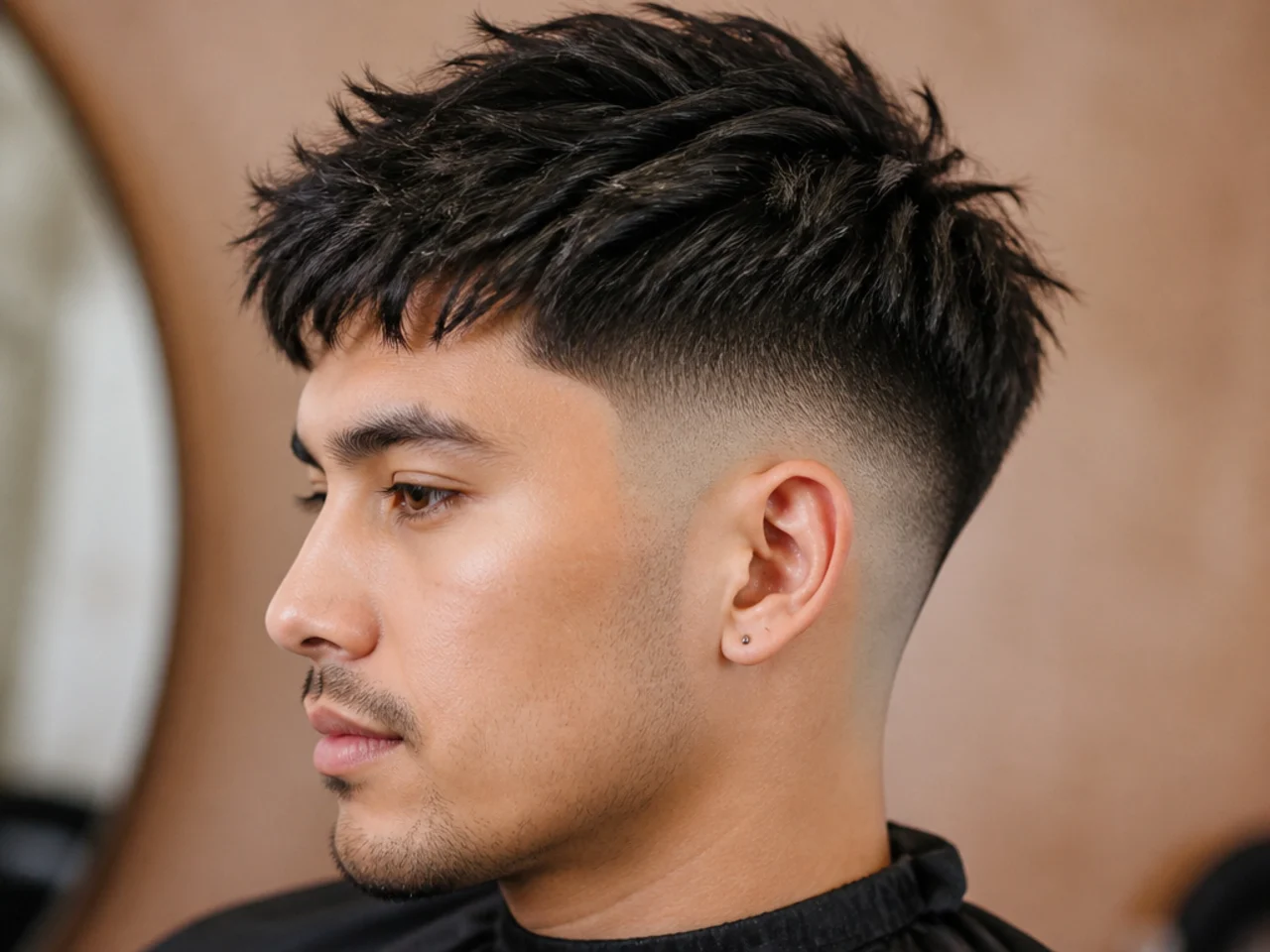 Textured crop paired with a mid fade starting at the temple with a defined line-up on dark hair