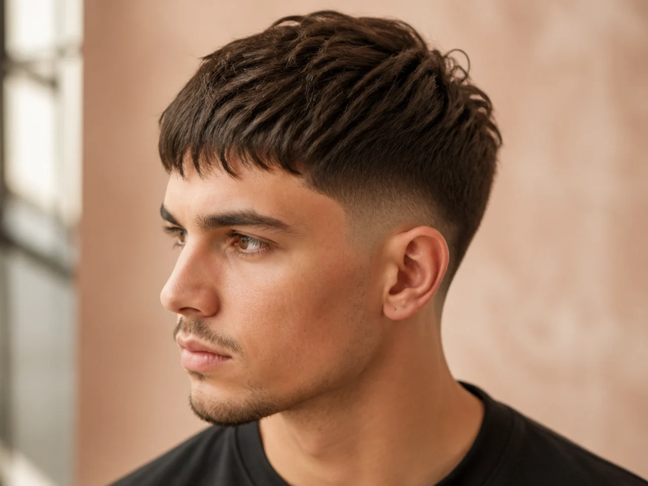 Textured crop with a soft low taper fade around the ears and neckline for a relaxed grown-in look