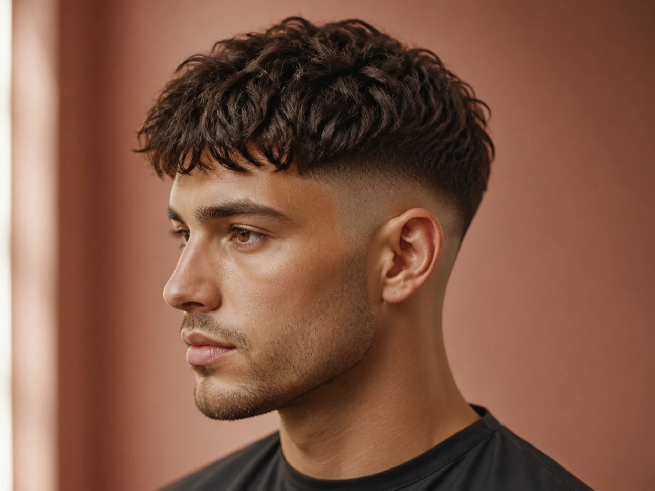Textured crop with a curved drop fade following the head shape down behind the ear
