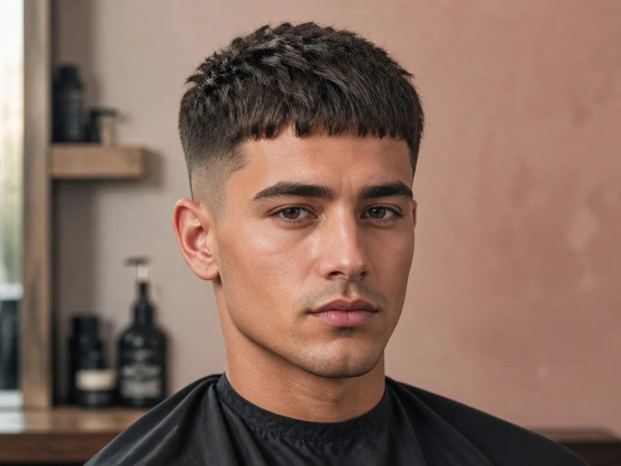 Blunt-front textured crop with a straight horizontal fringe line at brow level and mid fade