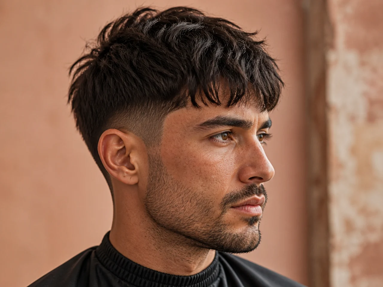 Client showing a barber a photo on a phone during a textured crop consultation