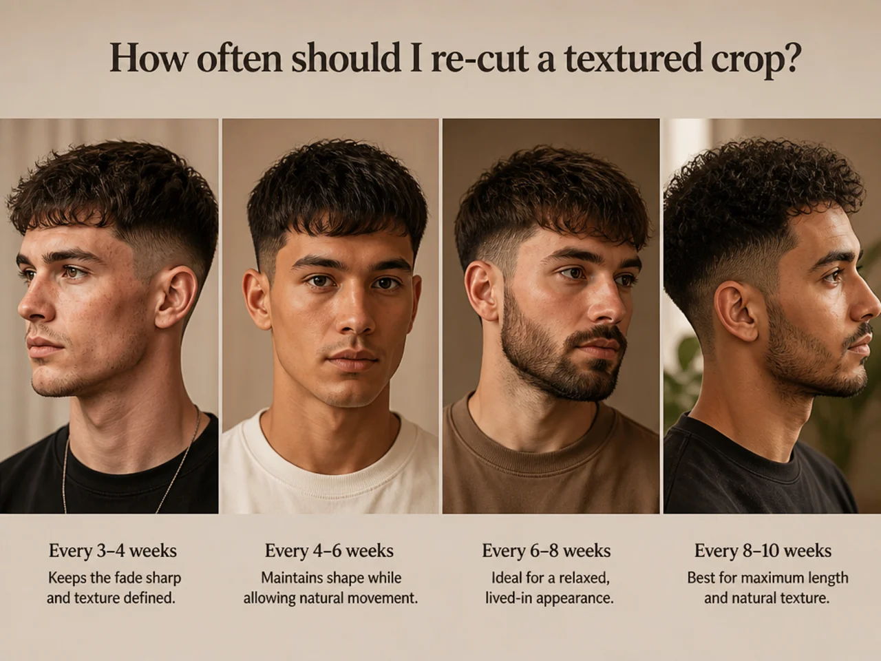 Barber trimming a client's textured crop between full cuts to maintain the fringe shape