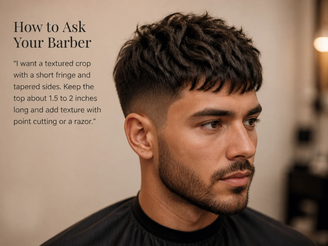 Barber consulting a client on a textured crop haircut before starting the cut
