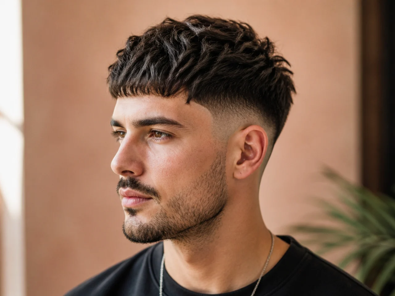 Textured crop haircut on a man with forward point-cut fringe and mid fade on the sides
