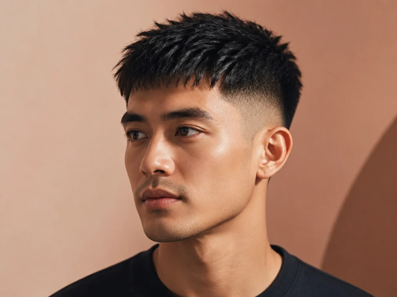 Close-up of a textured crop haircut on a man showing point-cut broken fringe ends