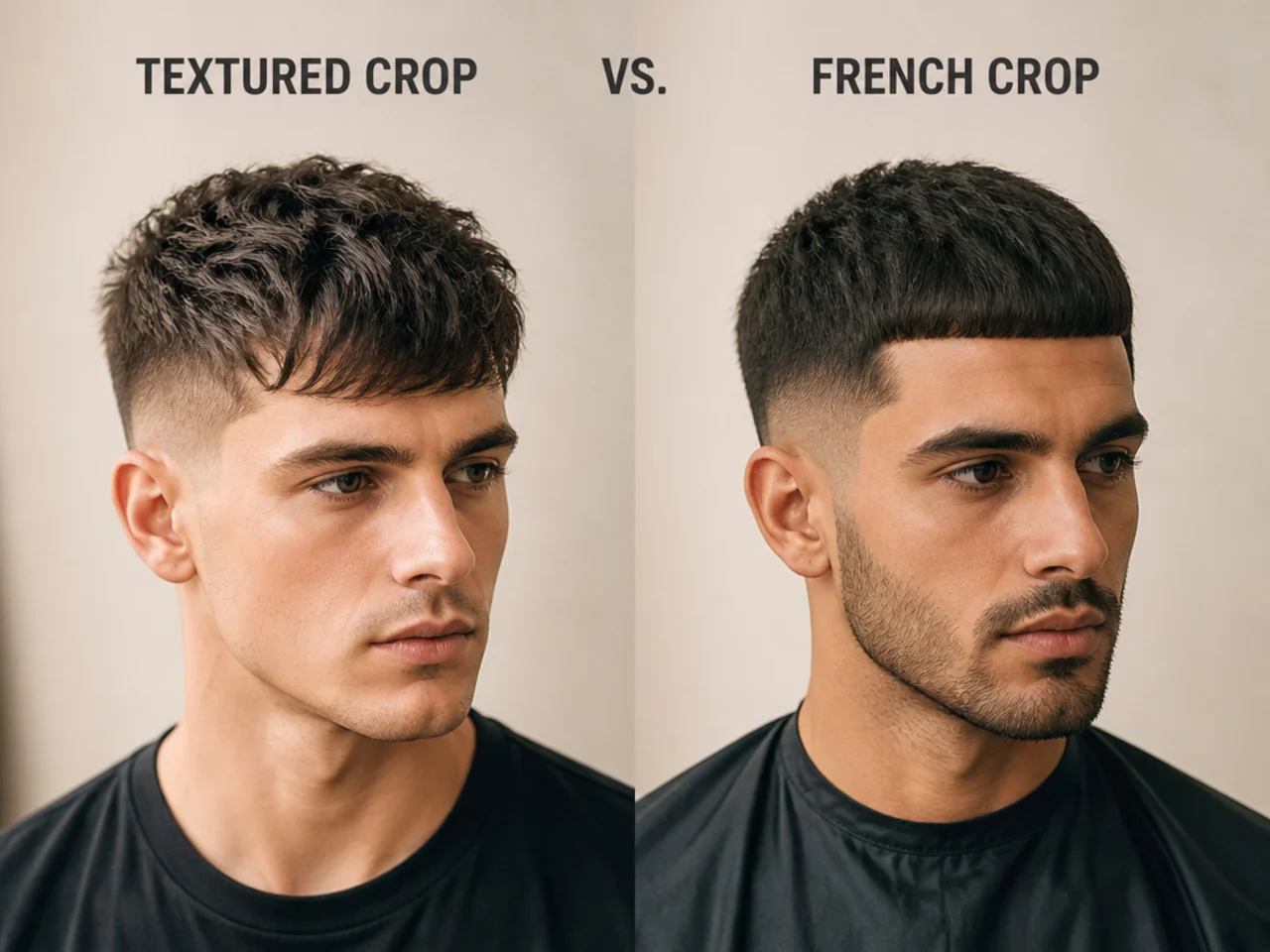 Side-by-side comparison of a textured crop and a classic French crop haircut on two men