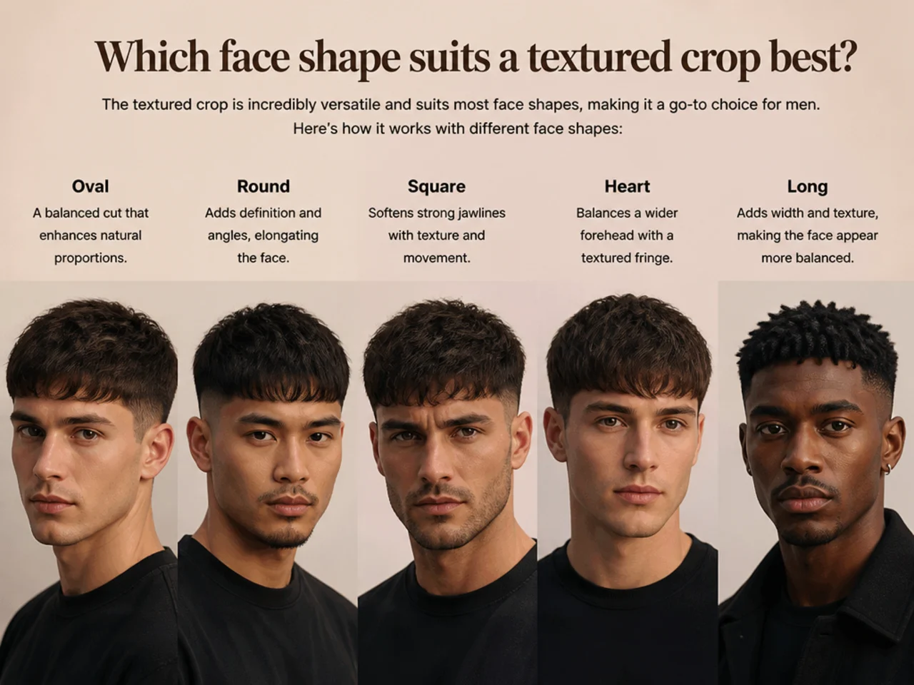 Four men showing a textured crop on round, square, oval, and long face shapes for comparison