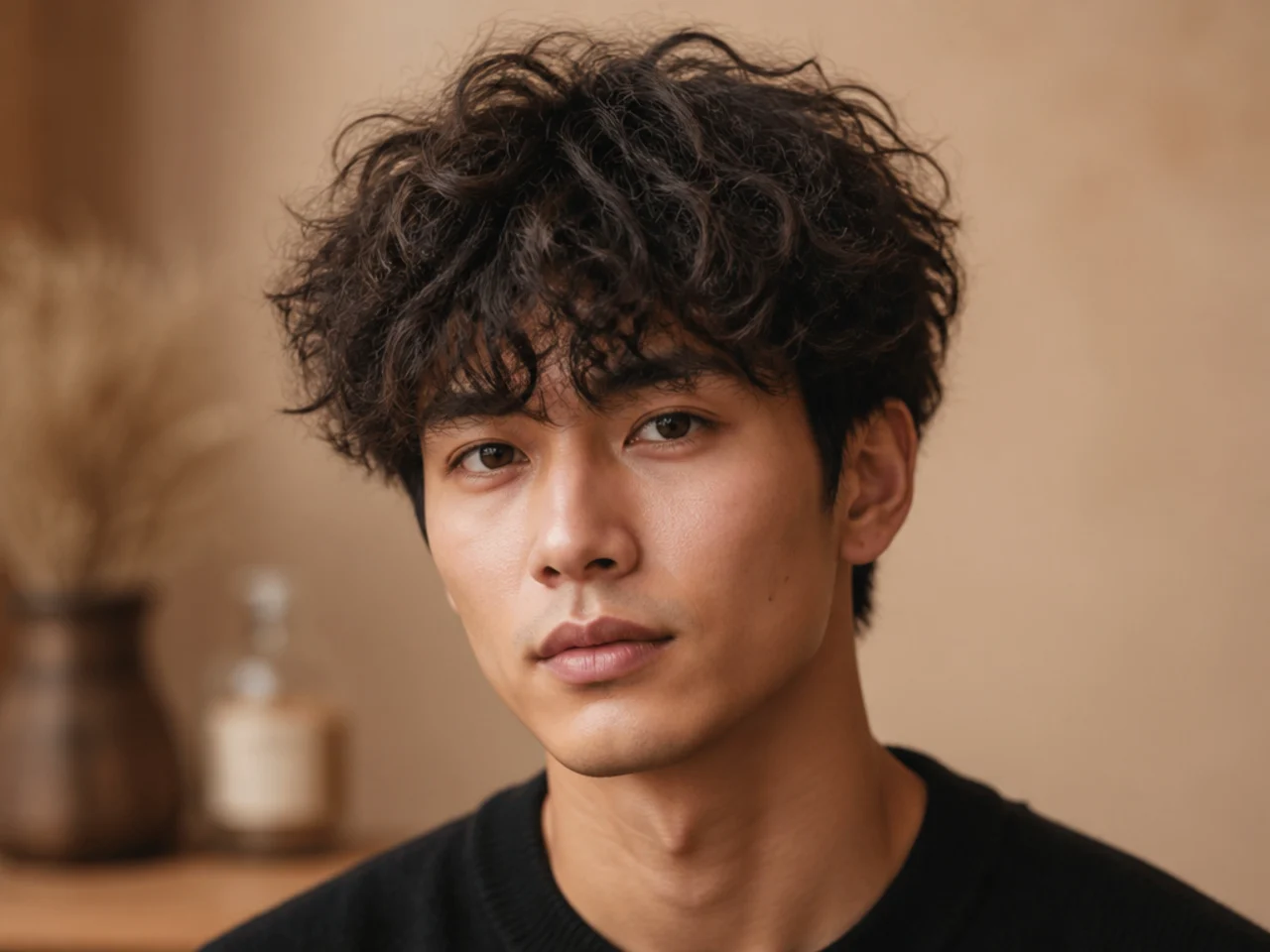 Perm fluffy fringe with soft texture-permed curls lifting off the forehead over a low fade