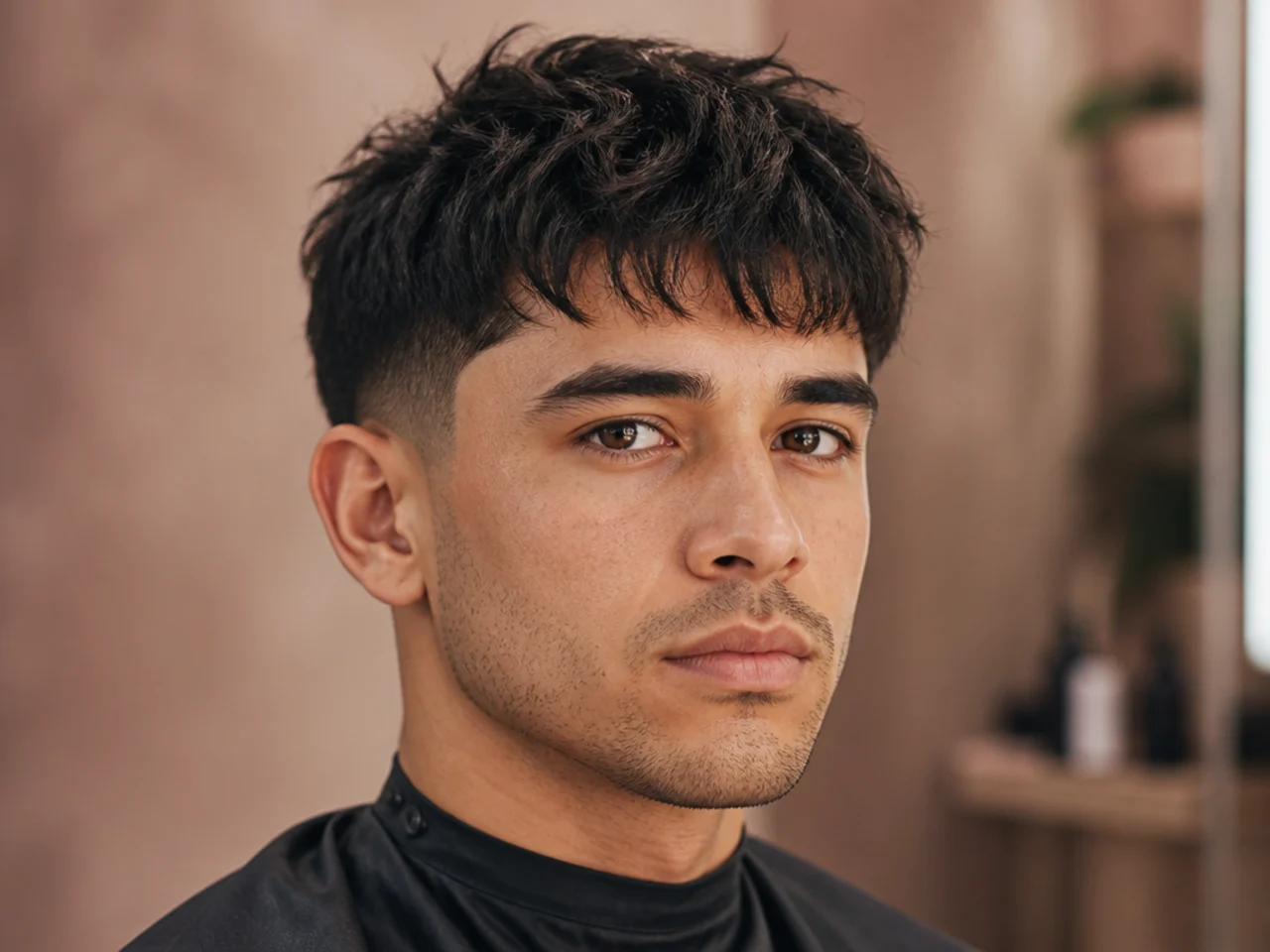 Short fluffy fringe with 2-inch front length lifted for volume over a mid fade