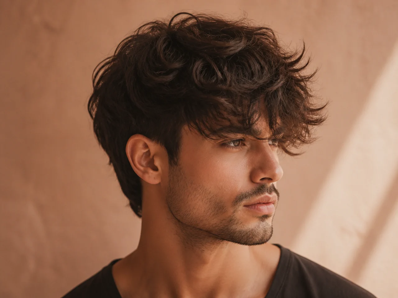 Long fluffy fringe at 5 inches falling past the brows with soft body and scissor-cut sides