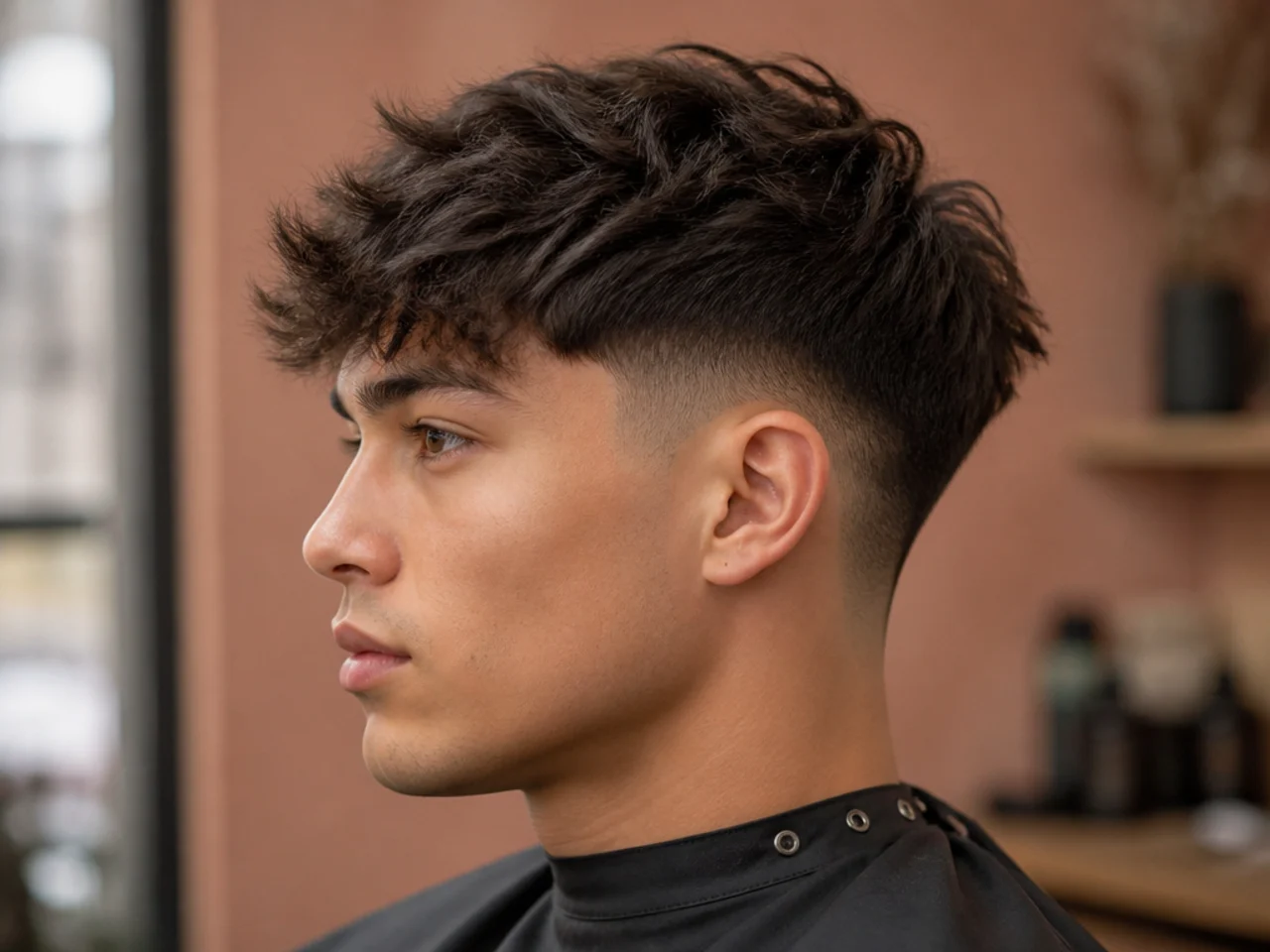 Fluffy textured fringe with a mid fade starting at the temple for balanced modern contrast