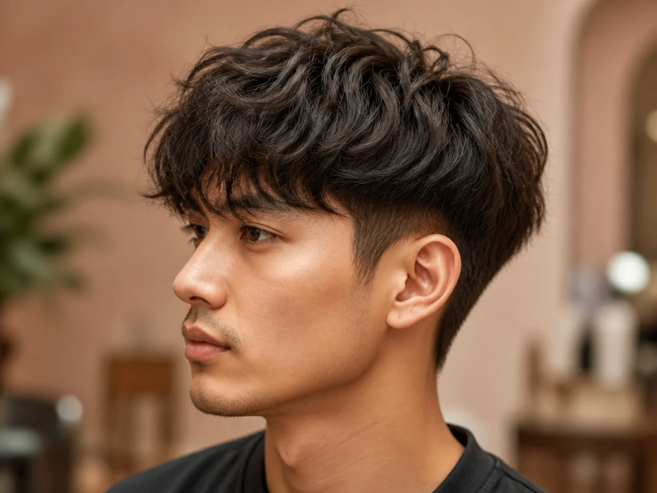 Fluffy textured fringe on a Korean two-block cut with disconnected undercut sides