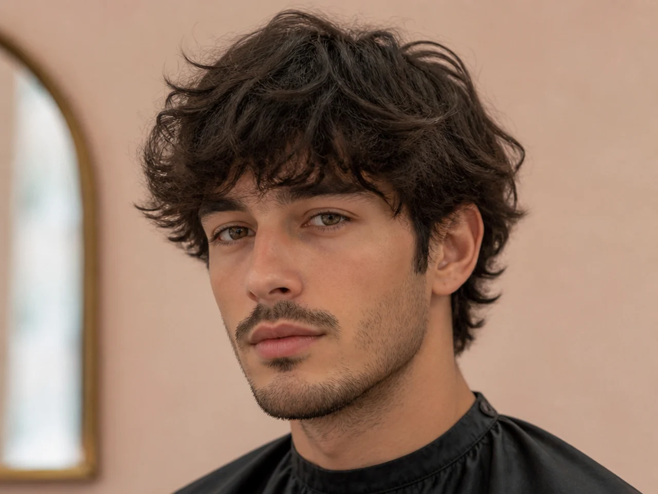 Wavy fluffy fringe with natural 2B waves lifting off the forehead over a mid fade