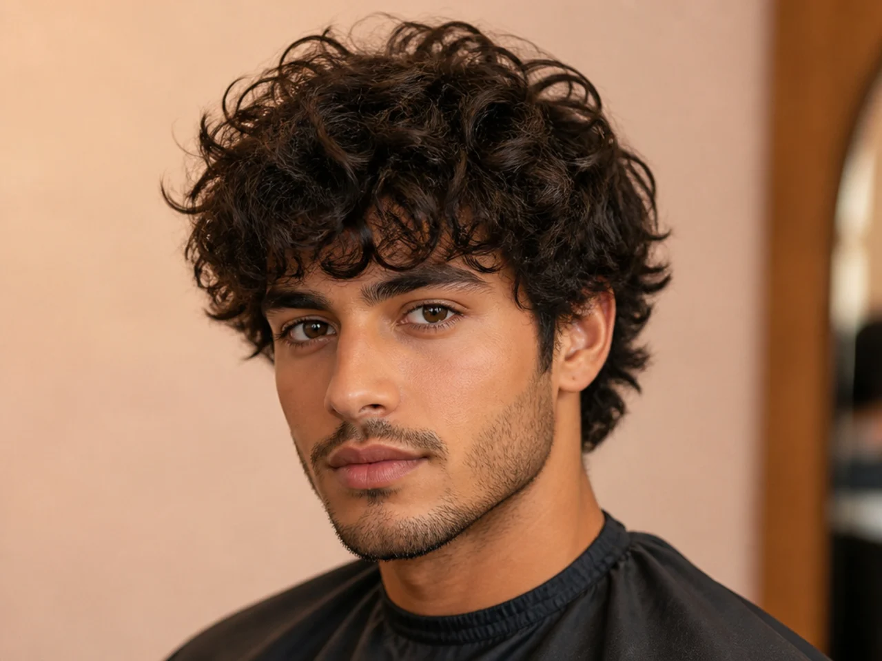 Curly fluffy fringe with defined Type 3B coils falling forward across a low fade