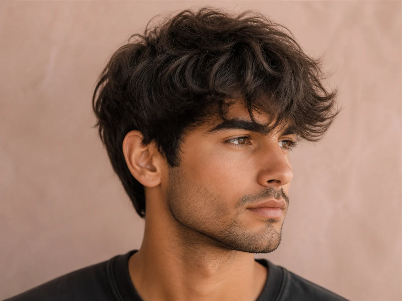 Blown-out fluffy fringe with maximum round-brush volume lifting the front piece off the forehead