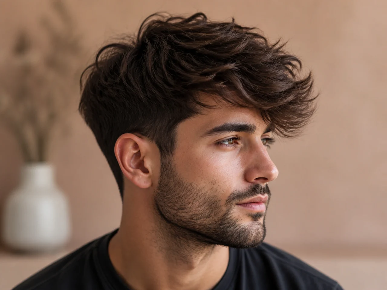 Side-swept fluffy fringe flowing diagonally across the forehead with soft volume and a mid fade