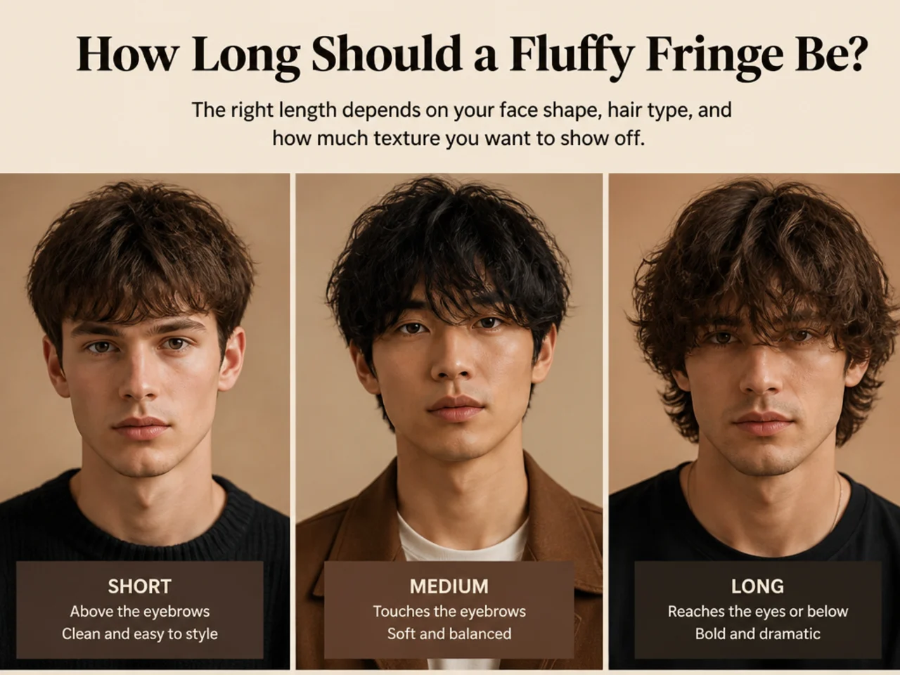 Barber measuring a fluffy fringe length against the brow line during a consultation