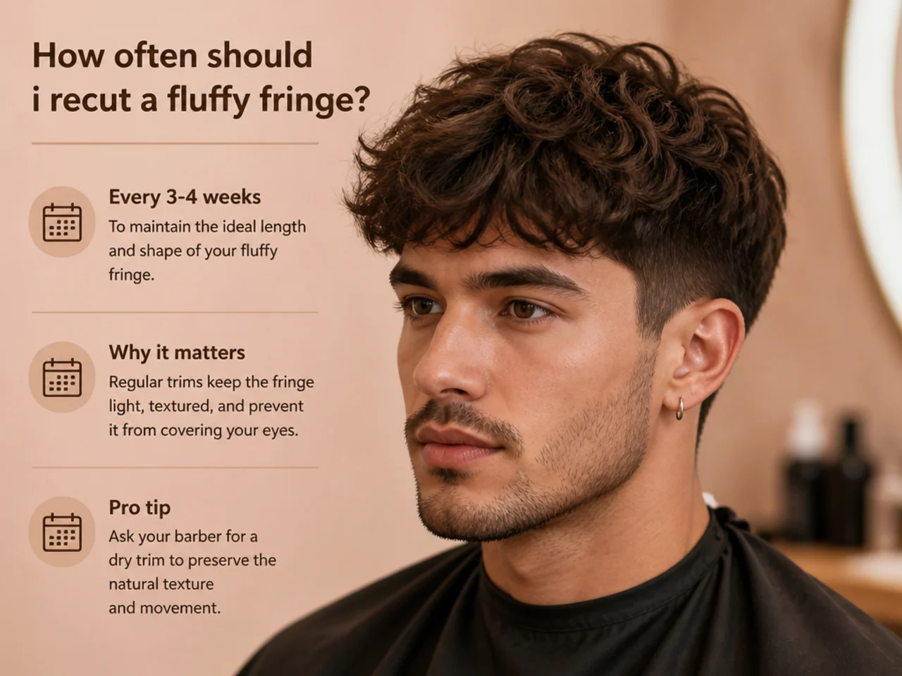 Barber trimming the fringe of a fluffy textured cut between full haircut appointments