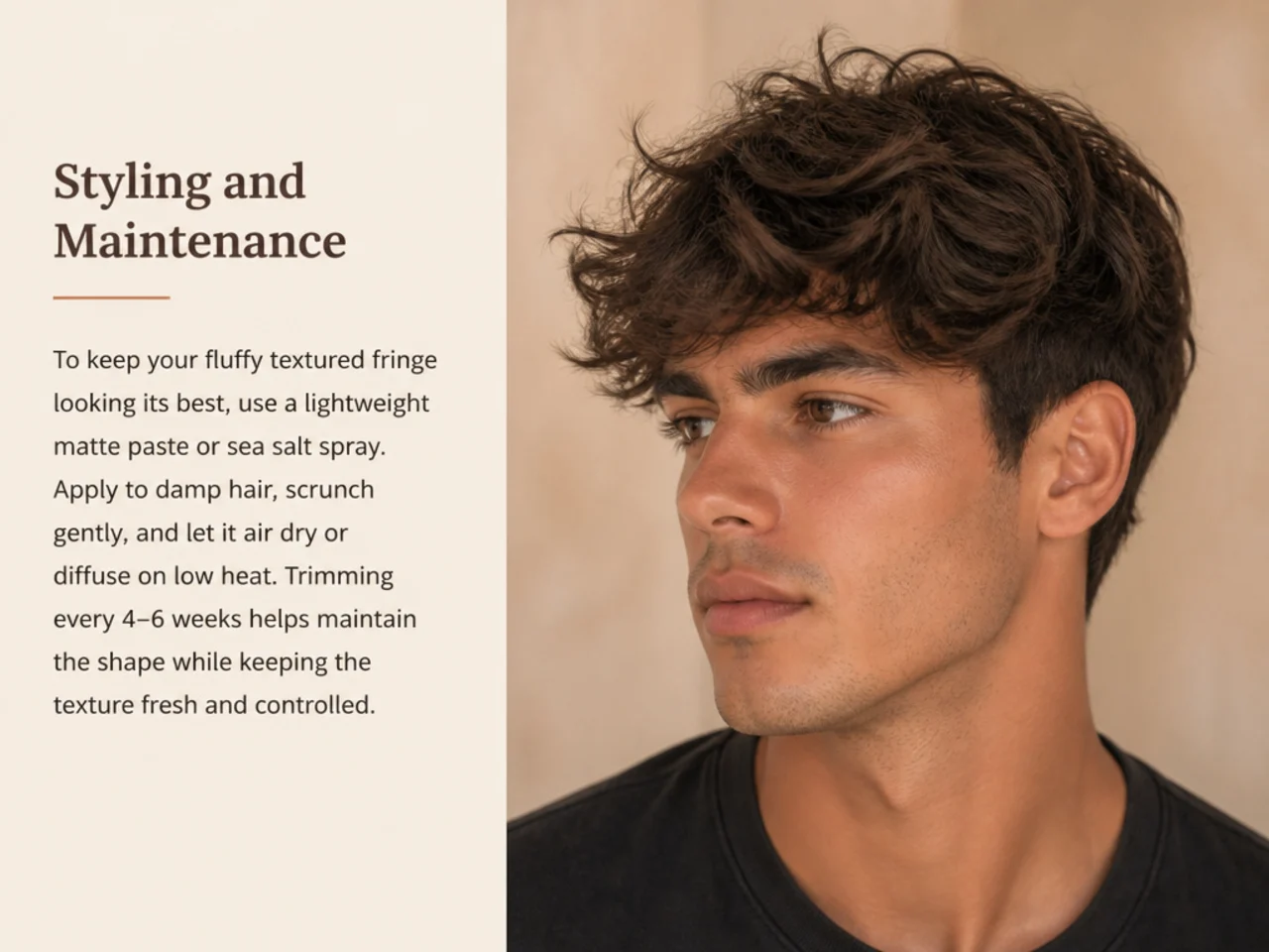 Men's styling products for a fluffy fringe — sea-salt spray, matte clay, round brush, and a warm blow-dryer