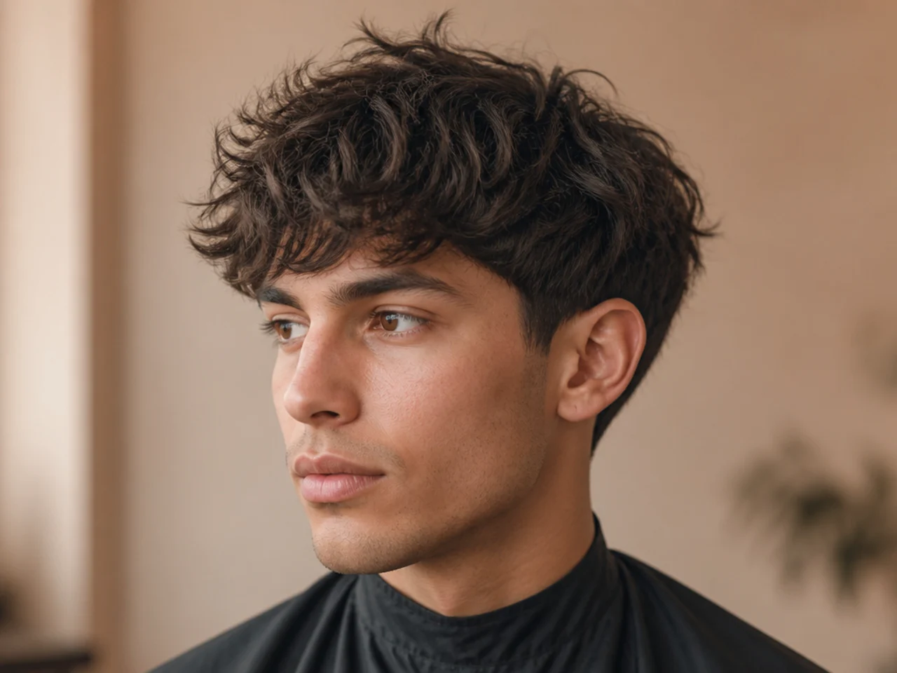 Fluffy textured fringe with soft cloud-like volume on brown wavy hair with a low taper fade