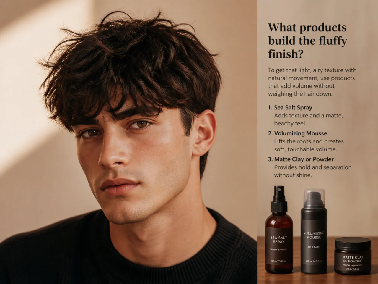 Flat-lay of styling products for a fluffy fringe — sea-salt spray, matte clay, round brush, and blow-dryer