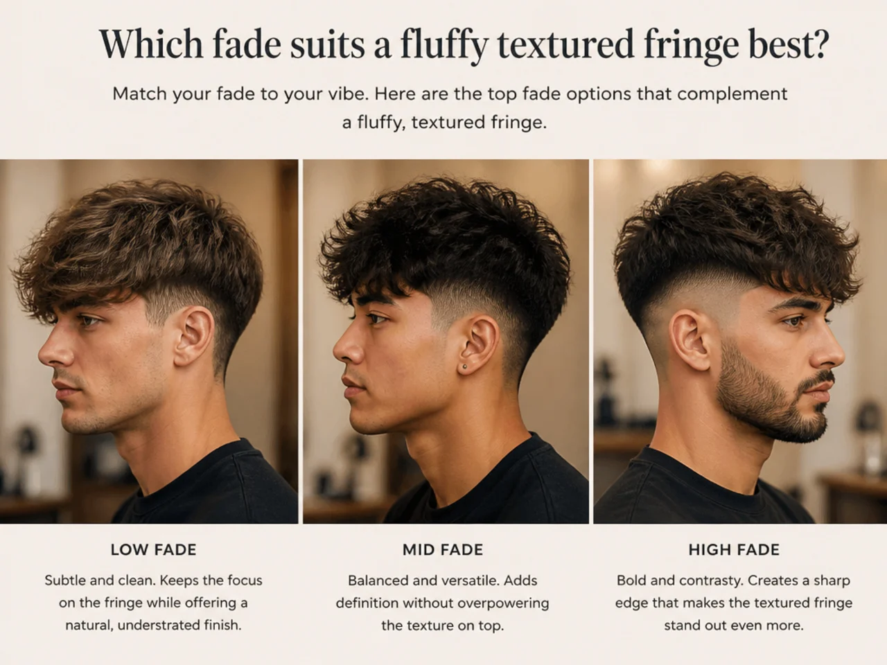 Three men side-by-side wearing fluffy fringes with low taper, mid fade, and high skin fade pairings