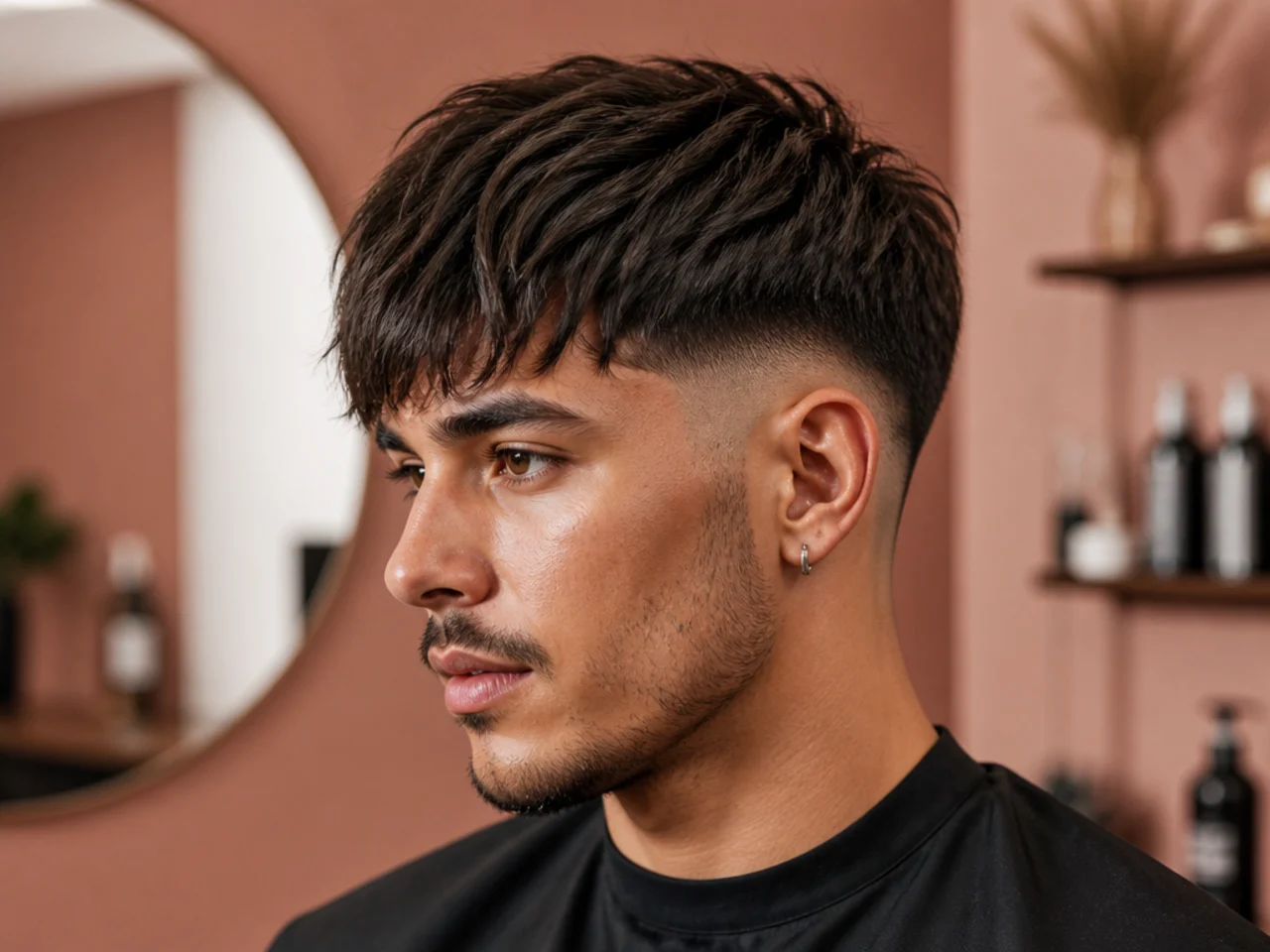 Forward-drop textured fringe pushed straight down over the forehead with a low taper fade