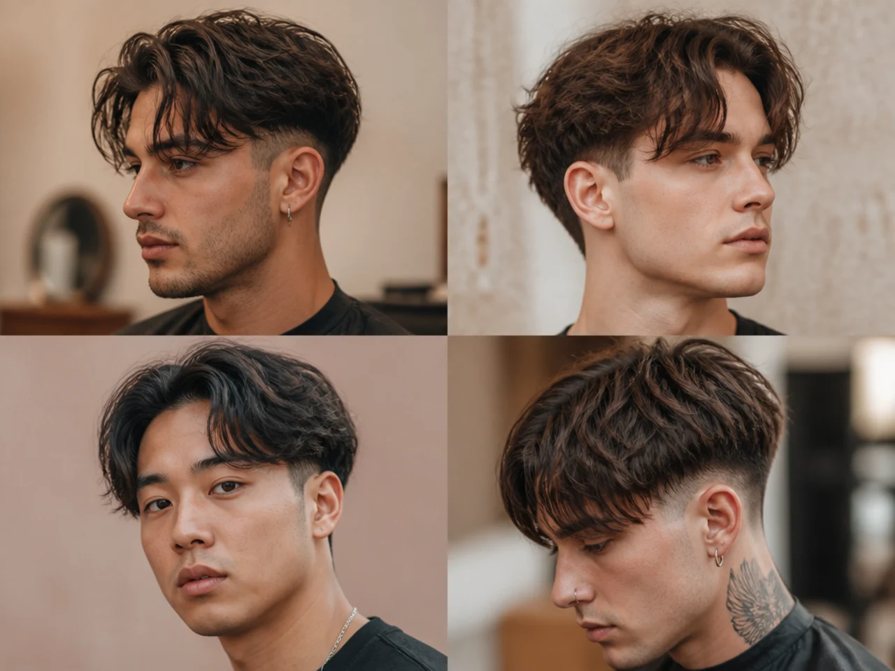Long curtain textured fringe parted down the middle over a soft low taper fade