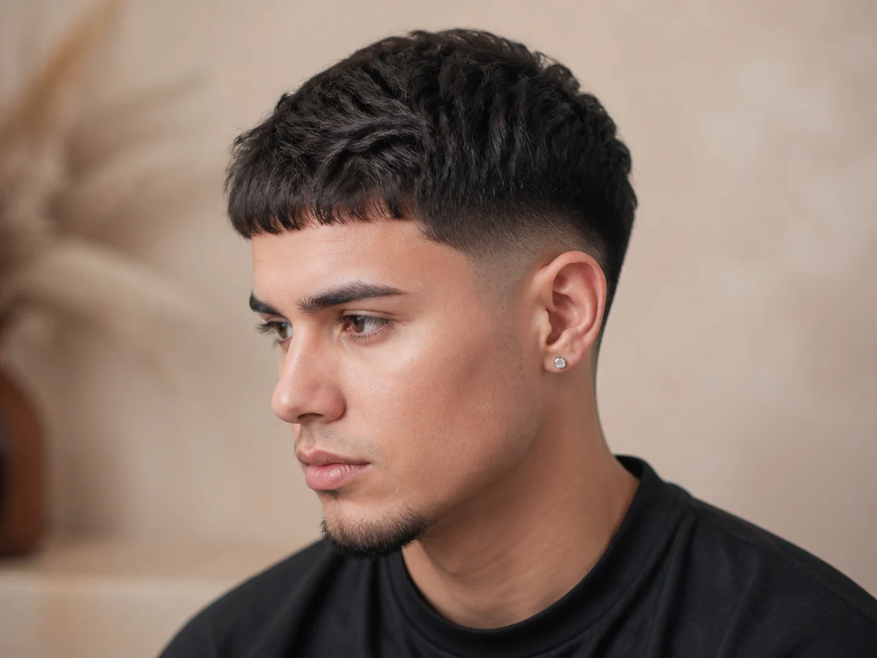 Short micro textured fringe stopping half an inch above the brow with a low taper fade
