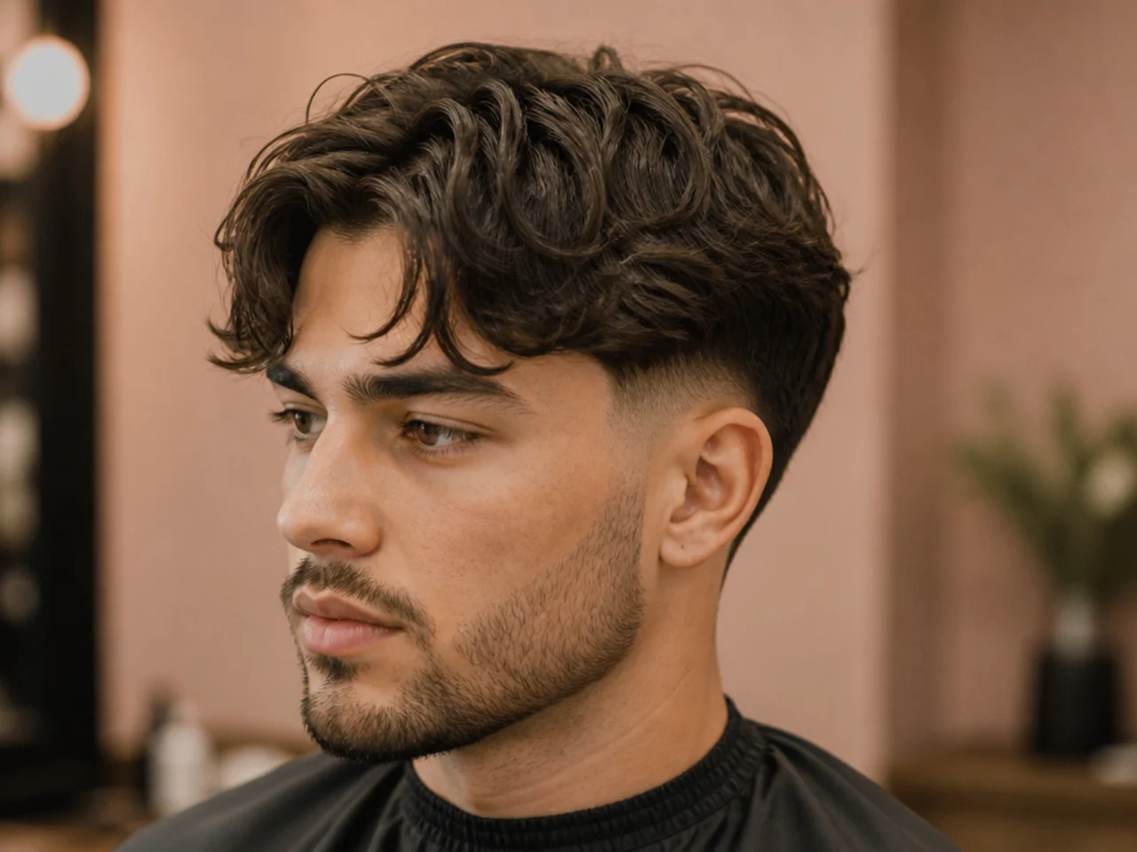Middle-part textured fringe split evenly down the center over a low taper fade