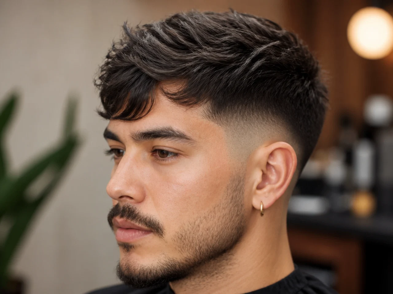 Comma-style textured fringe sweeping down and curling in with a low taper fade