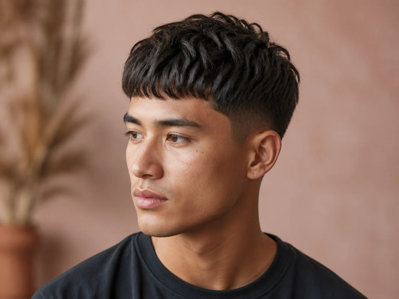 French crop with a textured forward fringe and a low taper fade on the sides