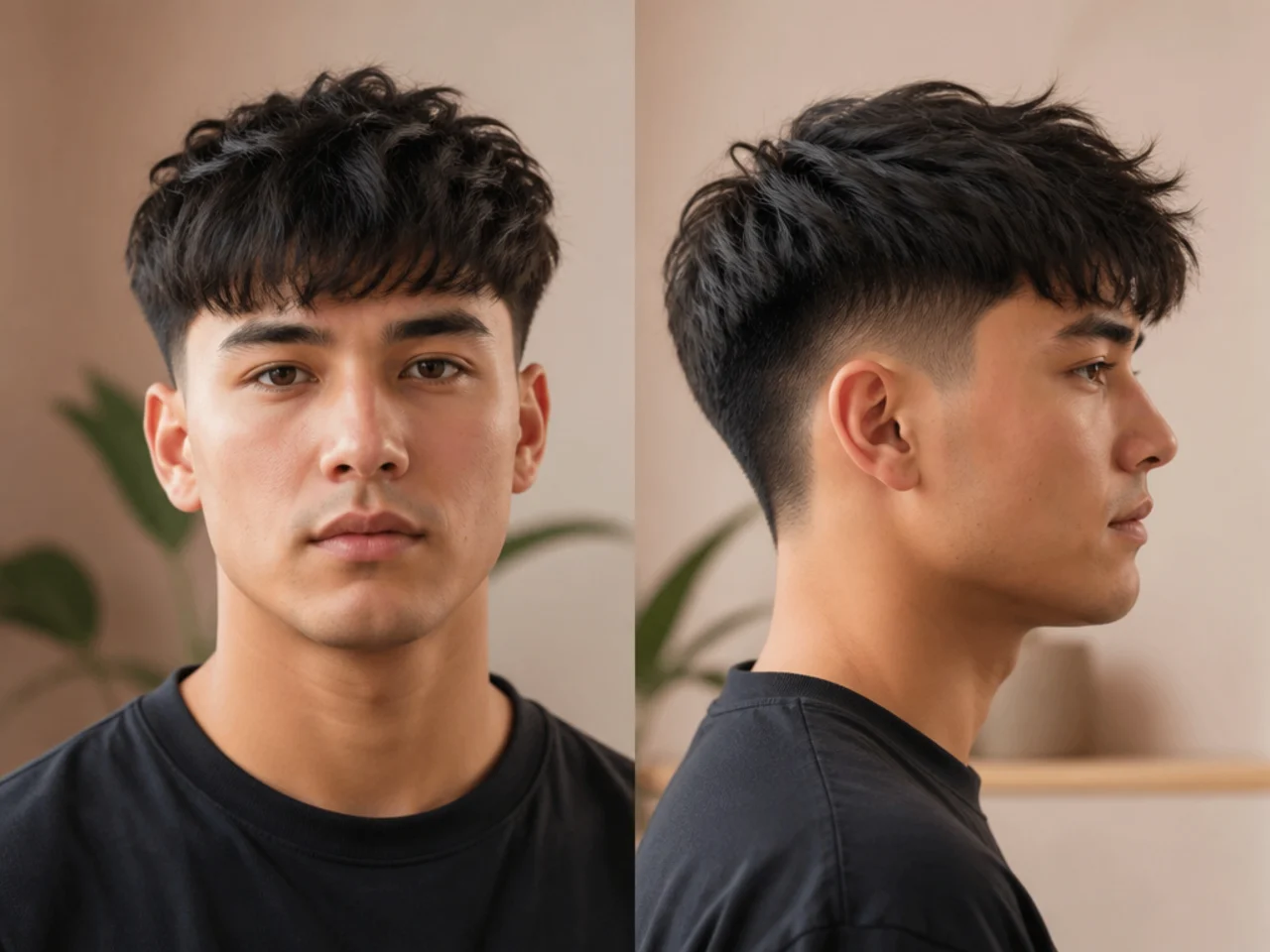 Two-block cut with a textured forward fringe and a disconnected low taper fade