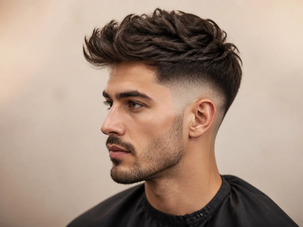 Quiffed textured fringe lifted up and back over a low taper fade on thick straight hair