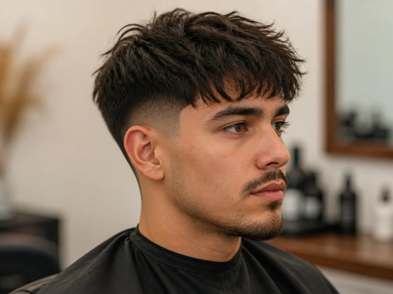Messy textured fringe with deliberate chaos on wavy hair over a low taper fade