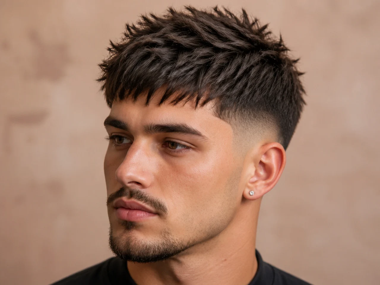 Spiky textured fringe with individual lifted front sections over a low taper fade
