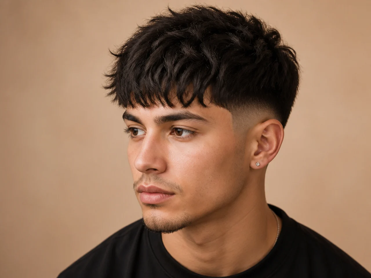 Choppy textured fringe with heavy internal layers paired with a soft low taper fade