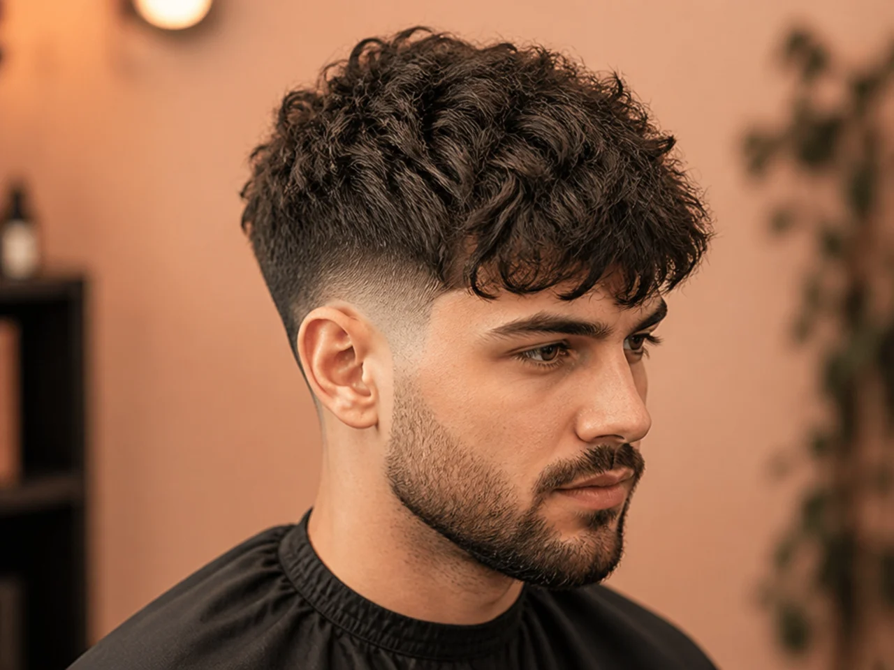 Broccoli-style textured fringe with volumetric curly top over a soft low taper fade