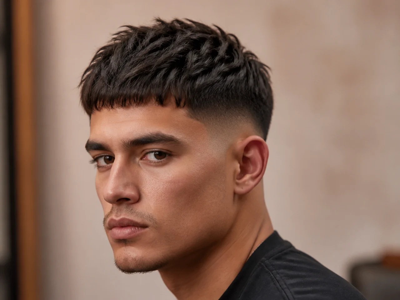 Blunt-textured fringe with a straight brow-length edge paired with a low taper fade