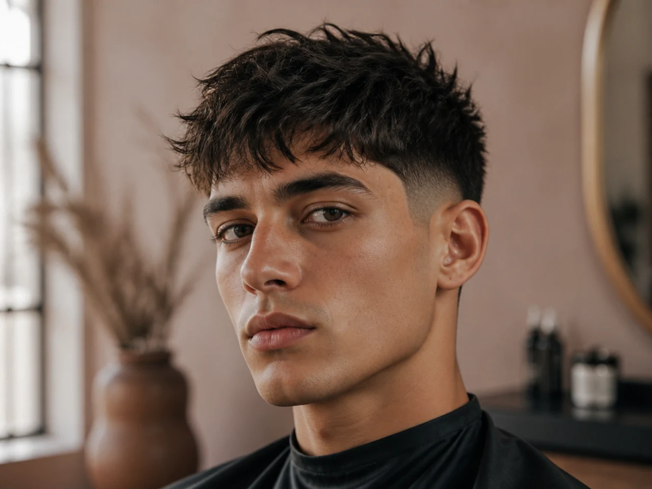 Tousled textured fringe with lifted front pieces over a low taper fade on wavy hair