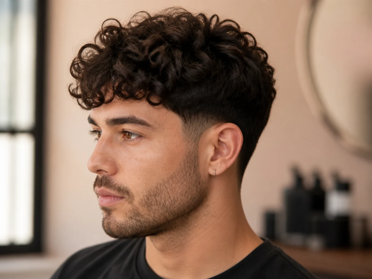 Curly textured fringe with Type 3B coils falling forward across a soft low taper fade