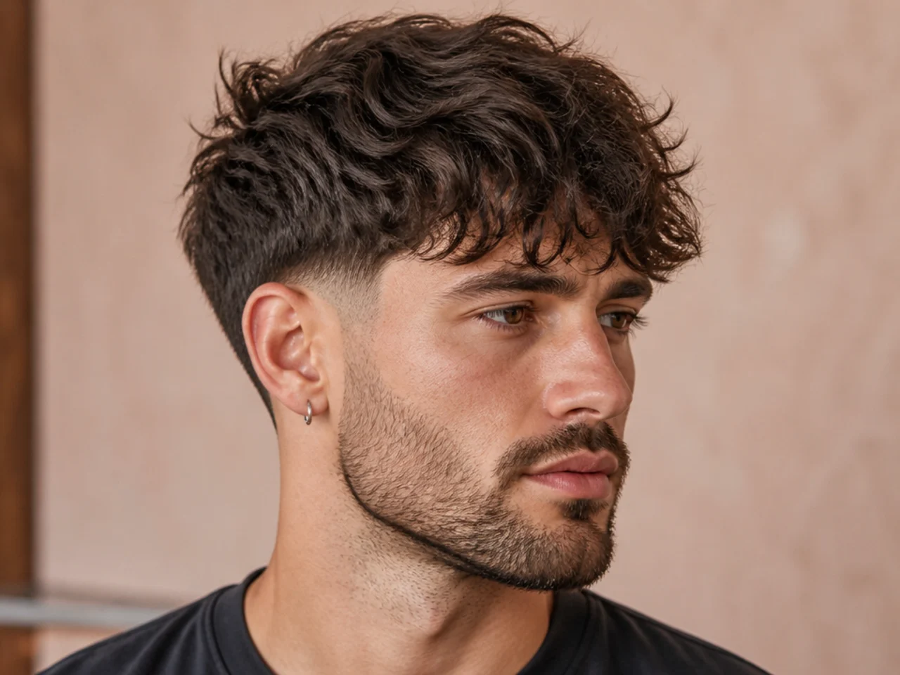 Wavy textured fringe with natural bend over a low taper fade on medium-density hair
