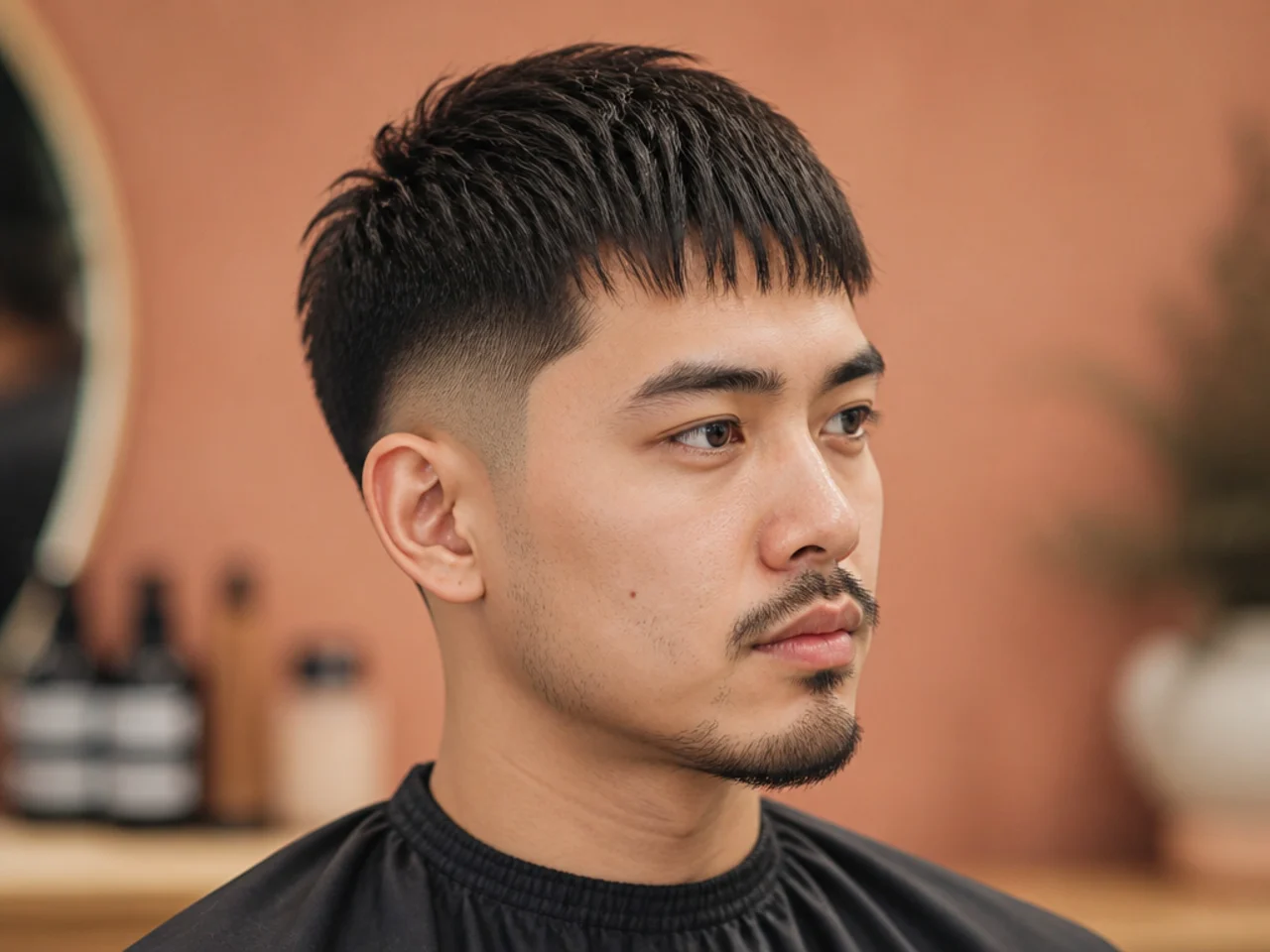Fine straight textured fringe with clean forward drop and a low taper fade