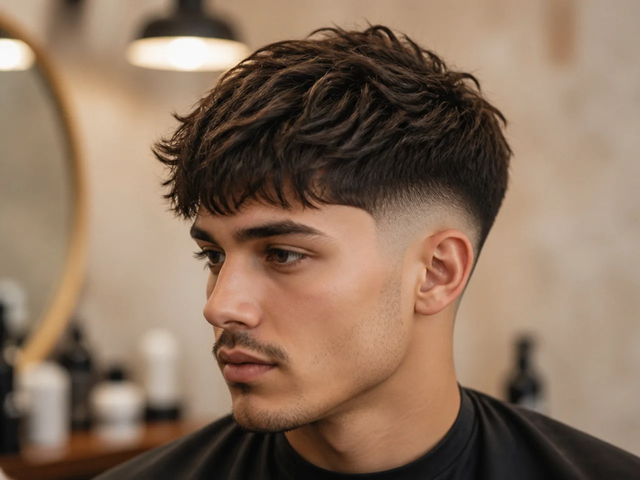Client showing a barber a phone photo of a low taper fade with a textured fringe before the cut