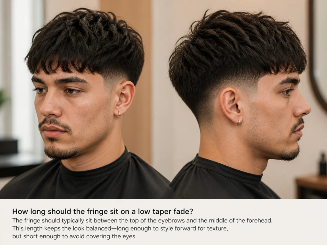 Three men showing short, classic, and long textured fringe lengths over a low taper fade