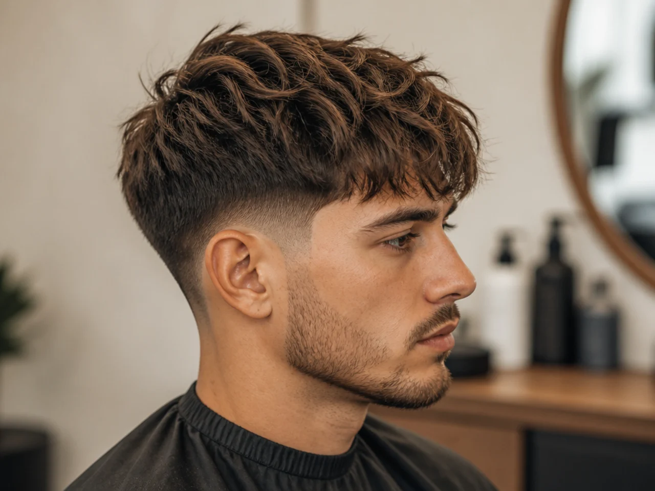 Barber trimming a client's low taper fade with a textured fringe between full haircuts