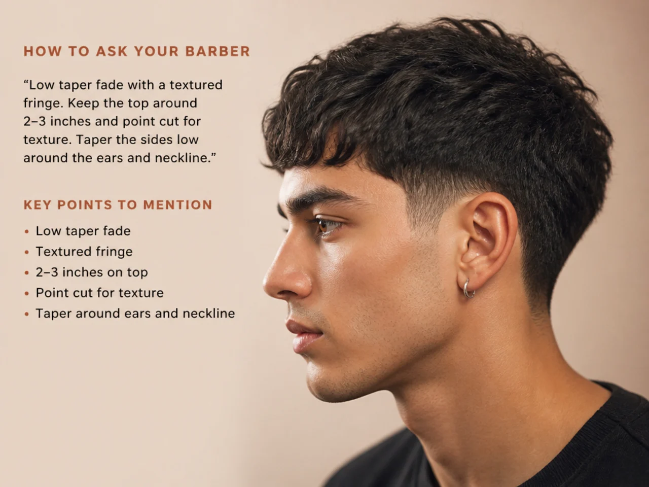 Barber and client consulting on a low taper fade with a textured fringe before starting the cut