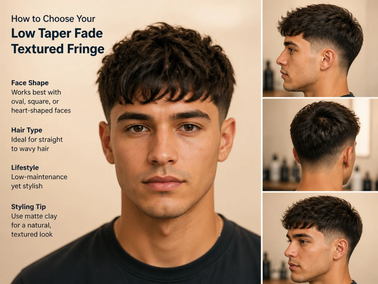 Barber consulting a client on a low taper fade with a textured fringe using a mirror